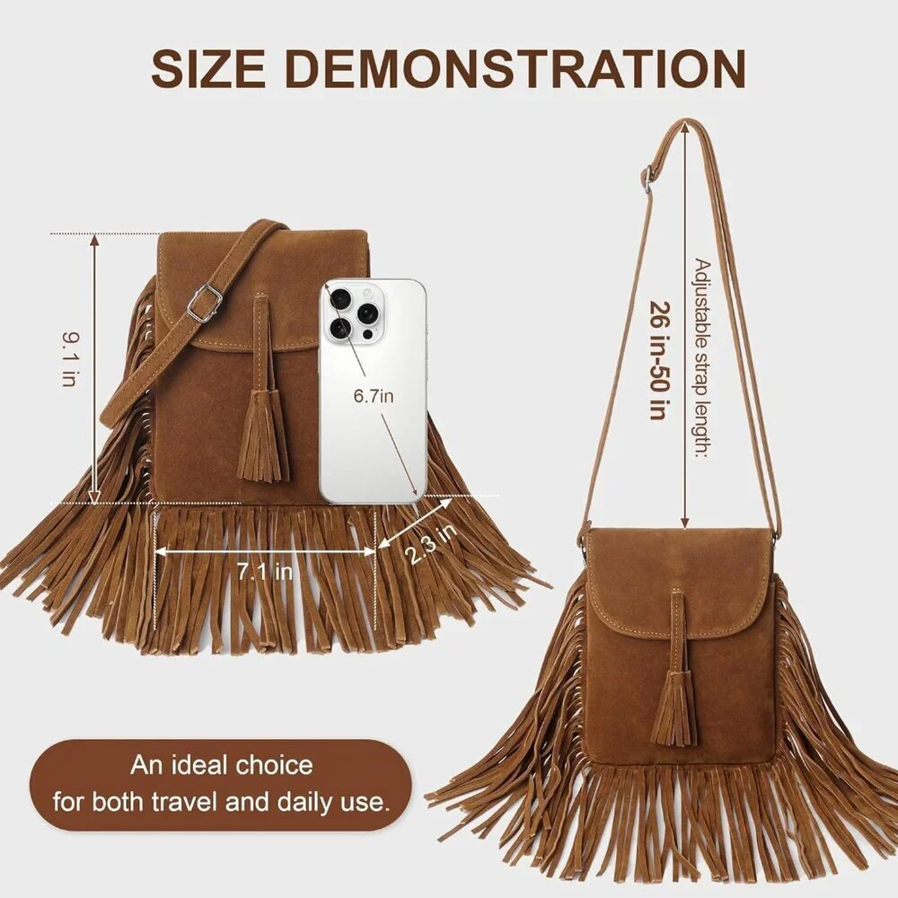 Elegant Fringe Phone Purse with Tassels - 3 Compartment Crossbody Bag for Women